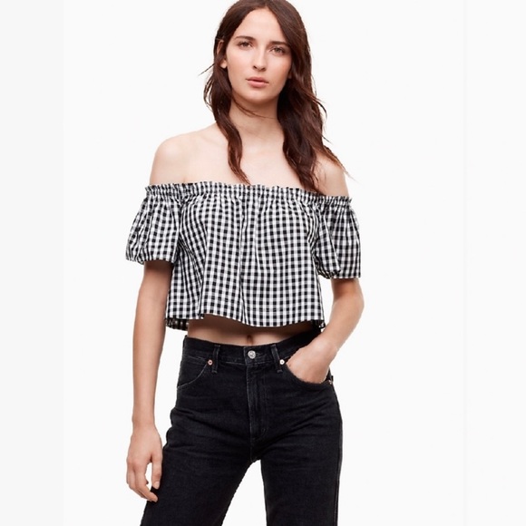 Wilfred Aritzia Crop Top Medium Garance Black White Gingham Off shoulder Blouse - Picture 2 of 10